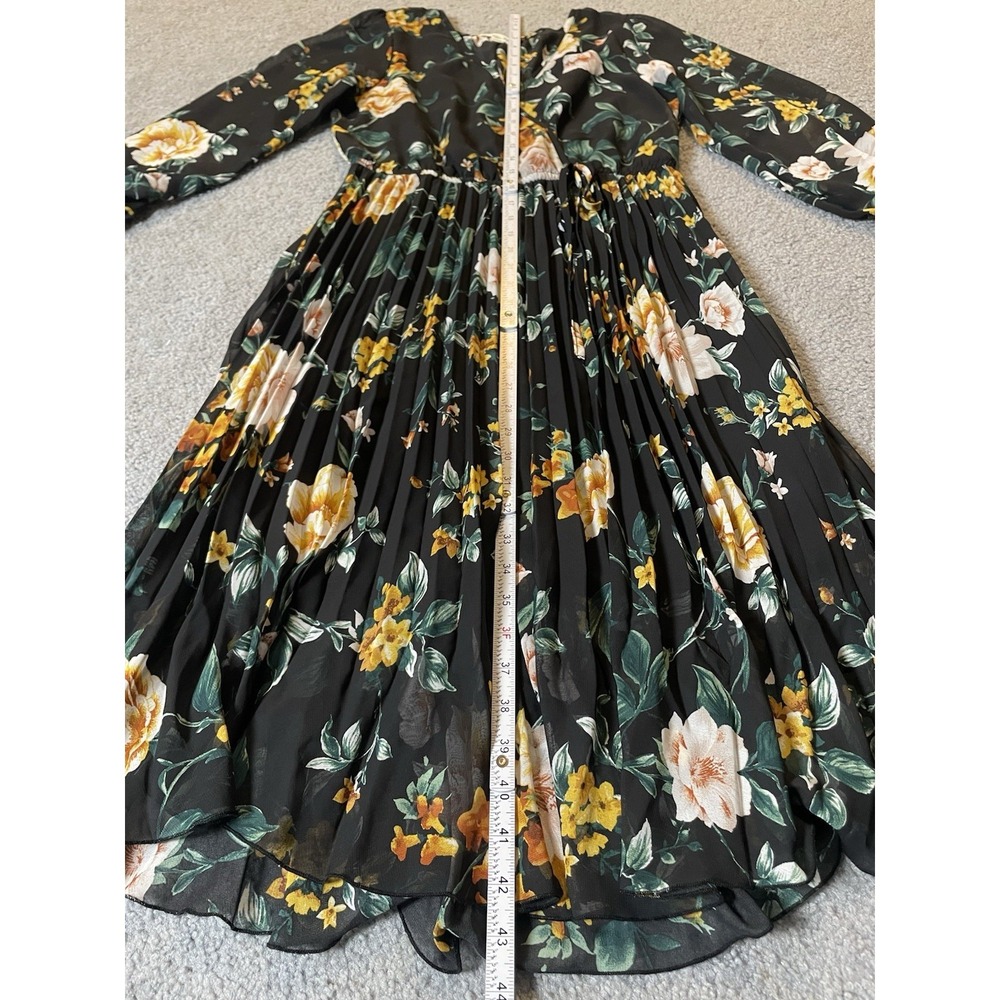 Indigo Rose Pleated Floral Dress Sz M Gold Pink Long Sleeve Career Party Cottage - Picture 6 of 12
